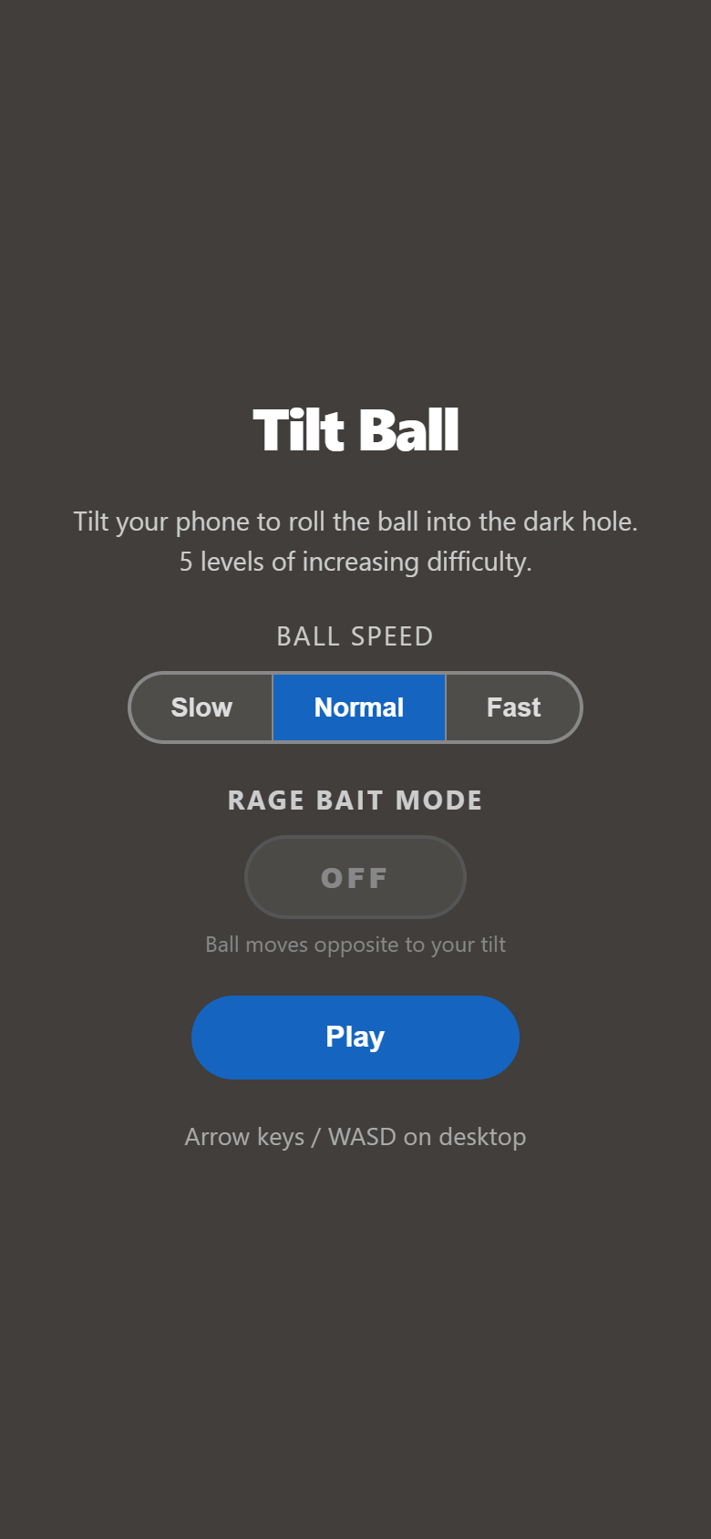 Ball Tilt Game — menu screen showing speed picker, Rage Bait Mode toggle, and Play button