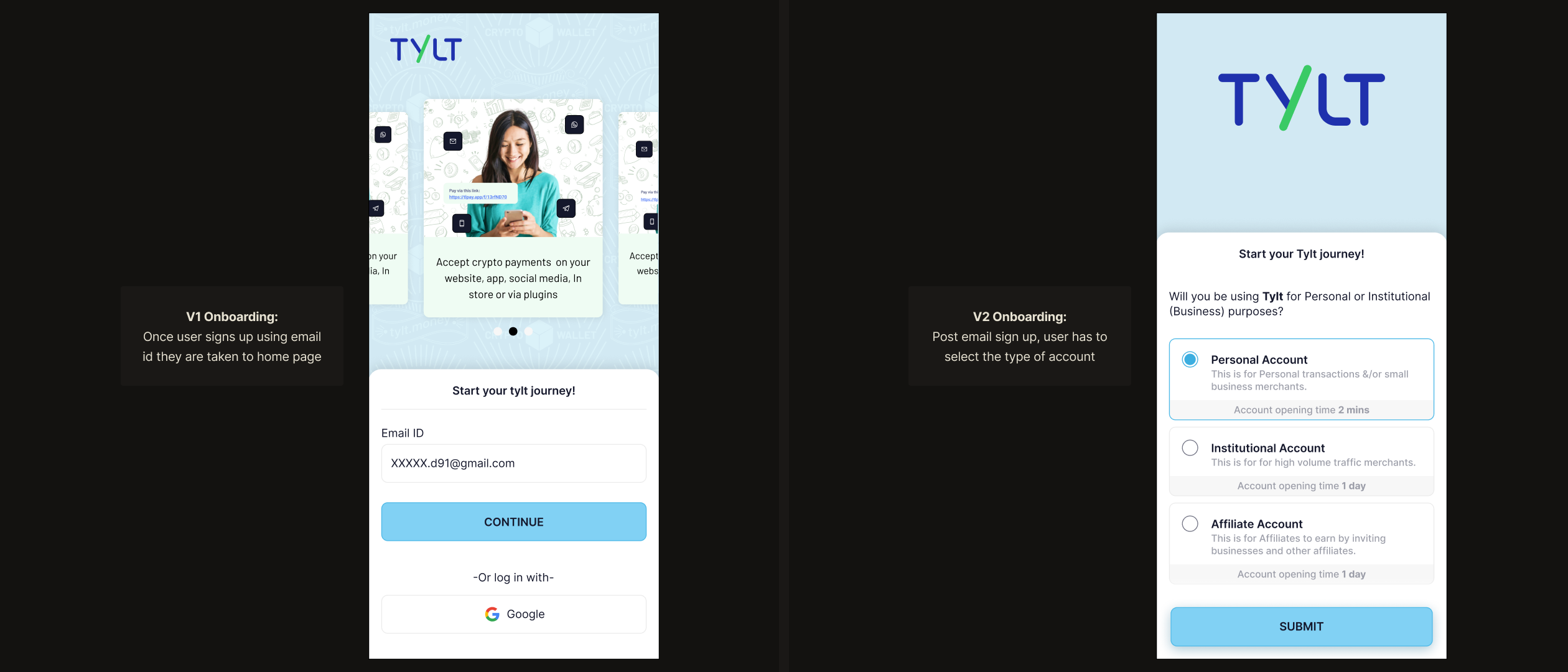 Tylt — onboarding bifurcation, 3 paths