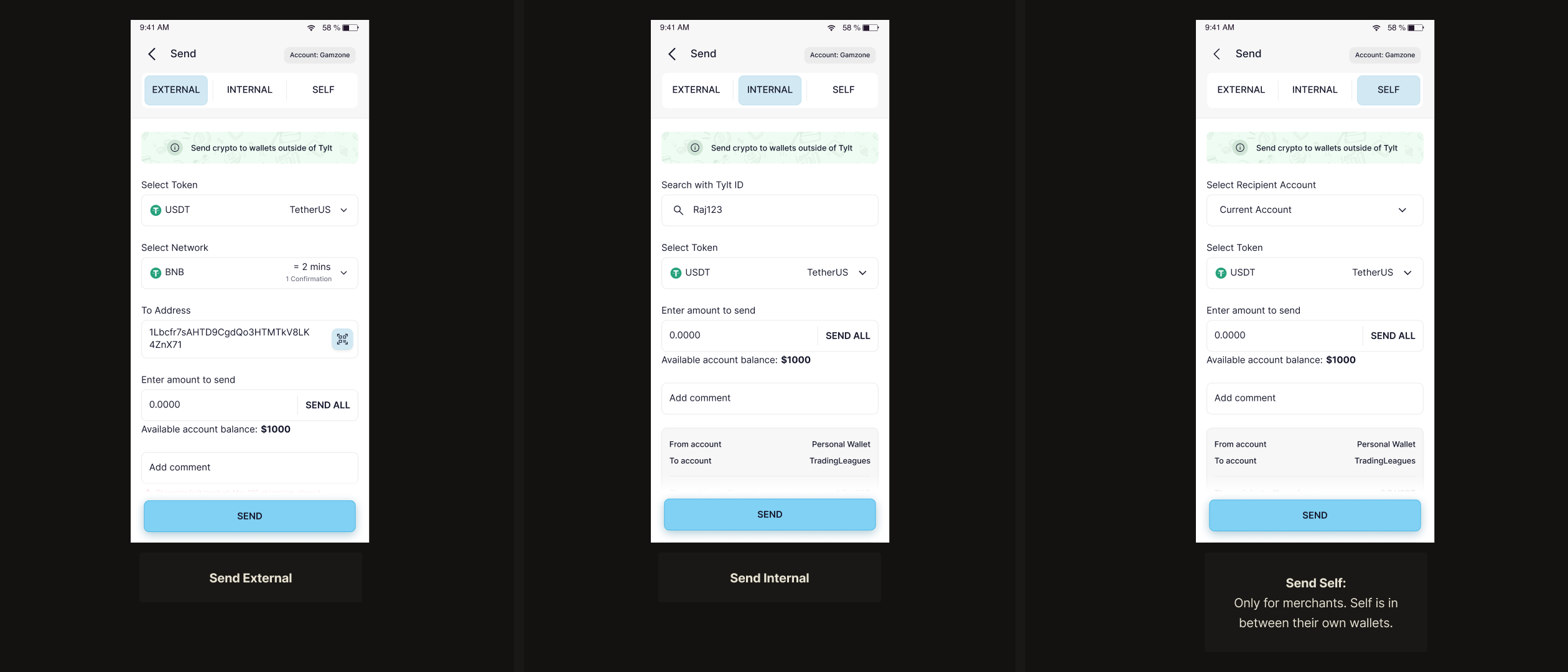 Tylt — send flow, self wallet merchant-only
