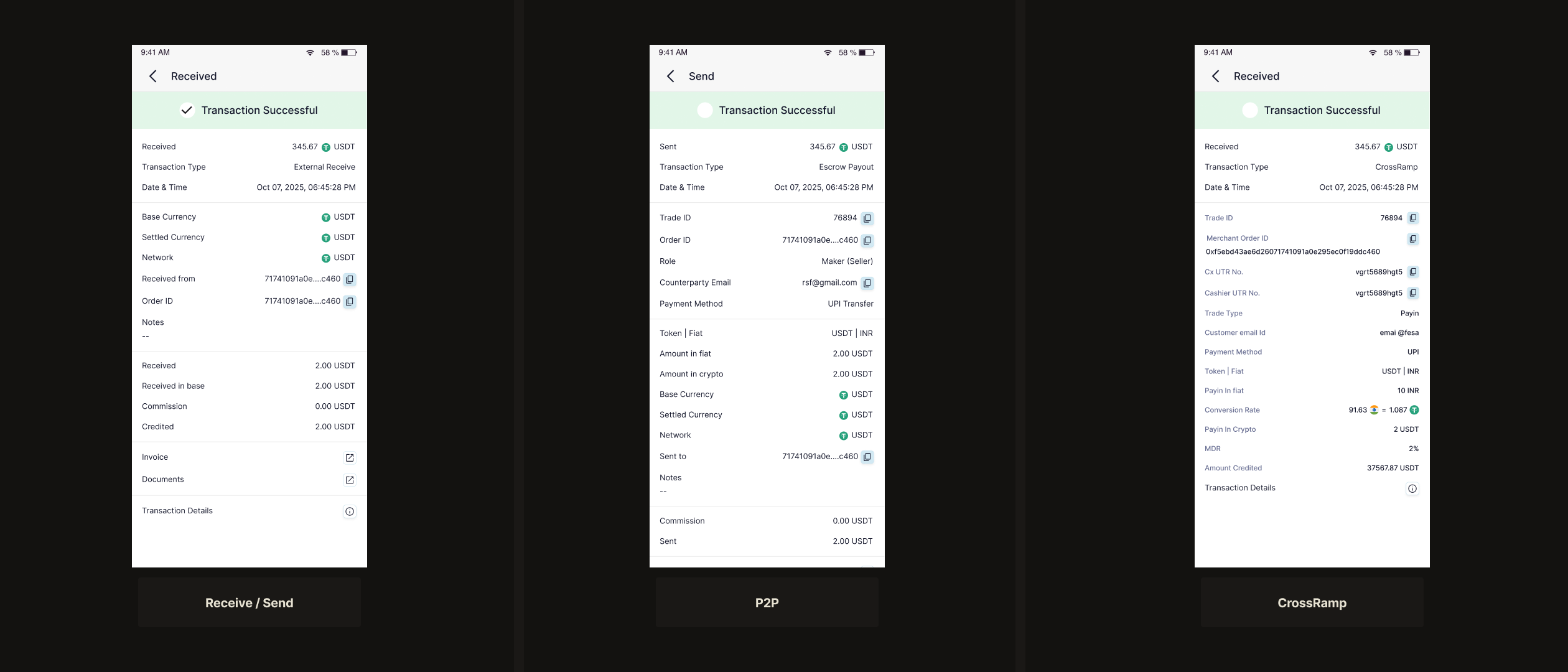 Tylt — transaction detail screens, external send vs P2P receive